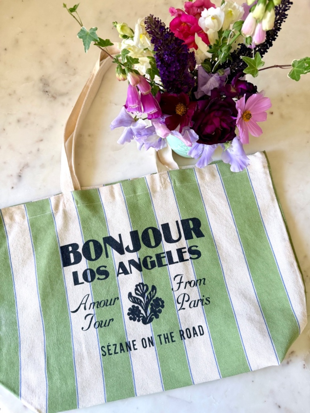 Sezane Bonjour Los Angeles Amour Tour From Paris Green Ecru Stripe Tote Bag, New